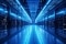 Blue-lit data centre aisle with server racks on both sides and advanced cooling infrastructure.