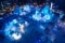 A view of a festively lit winter market with ice sculptures.