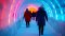 People walk through an artificial ice tunnel.